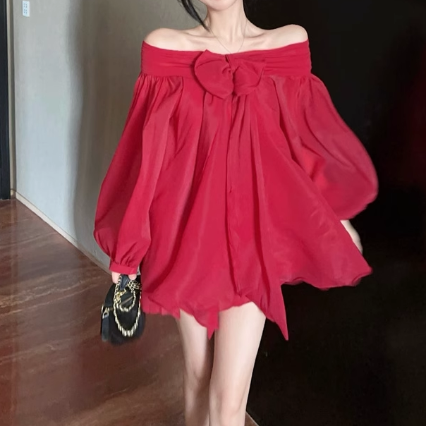 Heidi-Mode | Rotes Schleifen A-Linien Langarm Loses Puffkleid