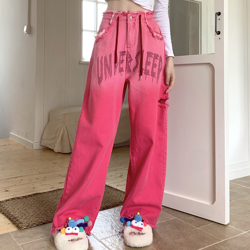 Heidi-Mode | Gradient Pink Letter Zerstörte Kordelzug Jeans