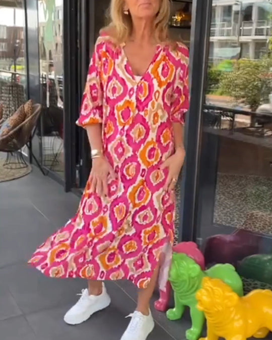 Heidi-Mode | Stilvolles Gemustertes Sommerkleid mit Halben Ärmeln