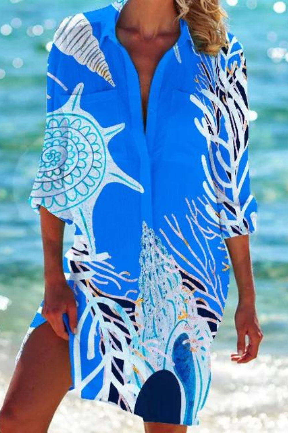 Heidi-Mode - Lange Strandbluse mit Meeresmotiv