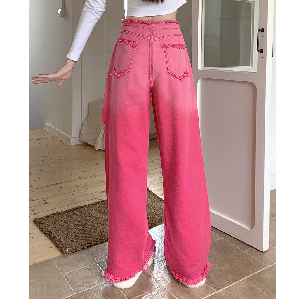 Heidi-Mode | Gradient Pink Letter Zerstörte Kordelzug Jeans