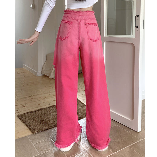 Heidi-Mode | Gradient Pink Letter Zerstörte Kordelzug Jeans