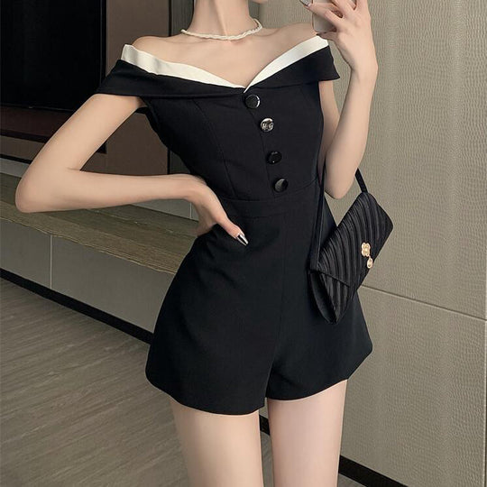 Heidi-Mode | Schwarzer Lässiger Off Shoulder Overall Shorts Romper