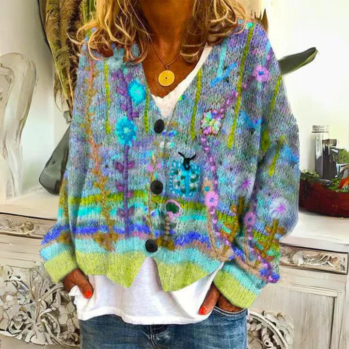 Heidi-Mode | Damen Knopf Blumen Cardigan aus Daunen Warm
