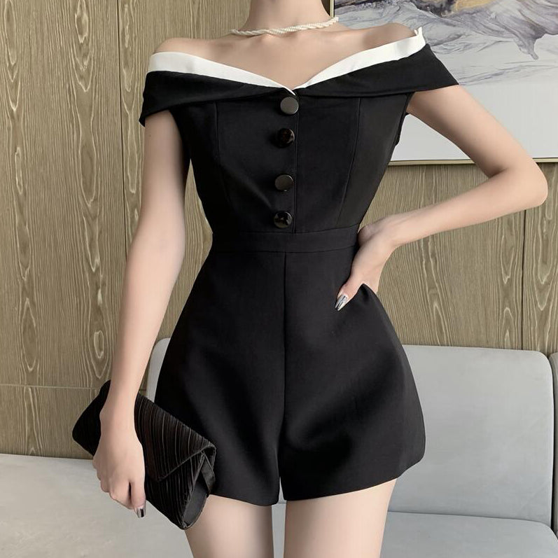 Heidi-Mode | Schwarzer Lässiger Off Shoulder Overall Shorts Romper