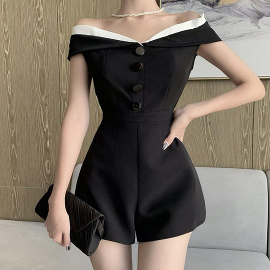 Heidi-Mode | Schwarzer Lässiger Off Shoulder Overall Shorts Romper