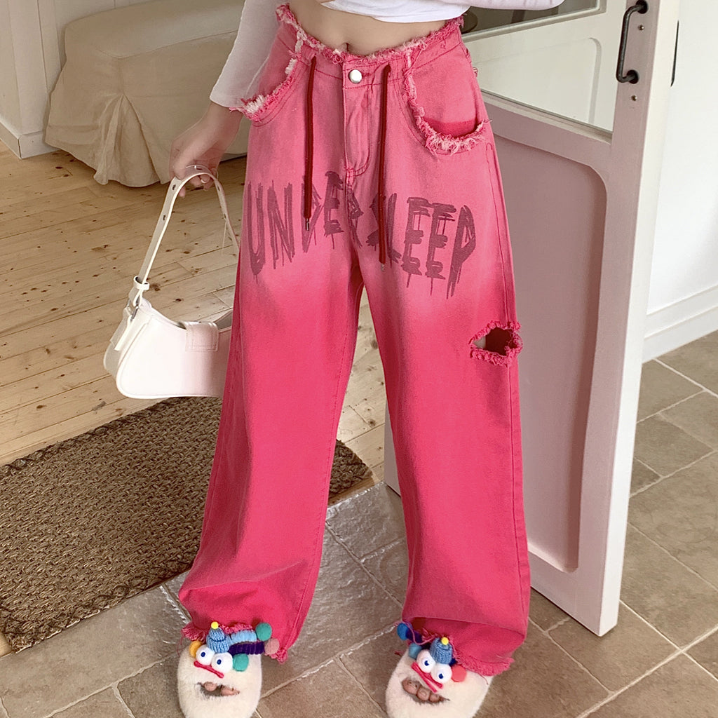 Heidi-Mode | Gradient Pink Letter Zerstörte Kordelzug Jeans