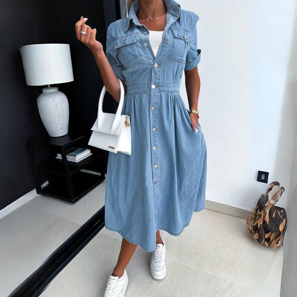 denim midi-jurk met zakken