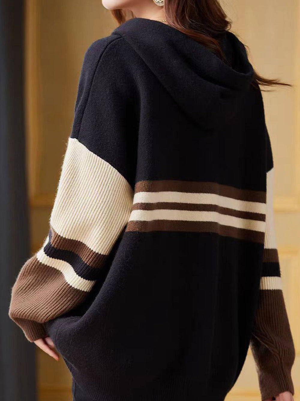 Heidi-Mode | Hoodie Casual Kontrastfarbe Gestrickter Hoodie