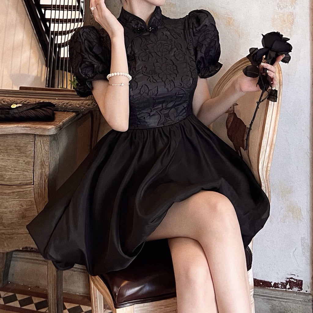 Heidi-Mode | Hoch Tailliertes Puffärmel Jacquard Bud Qipao Kleid