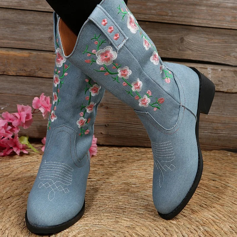 Heidi-Mode | Bestickte Westernstiefel mit Blumen & Mittelhohem Absatz Cowboystiefel Damen