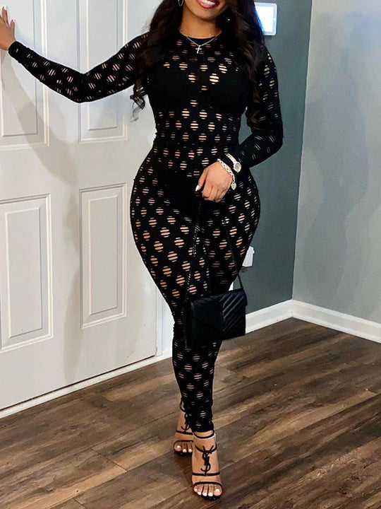 Heidi-Mode | Sexi Bodycon Langarm Mesh Transparent Jumpsuit