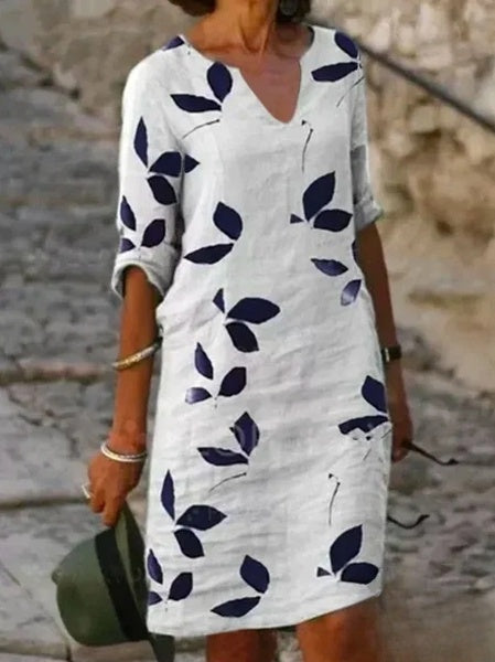 Basic-Damenkleid mit halben Ärmeln und Blumendruck
