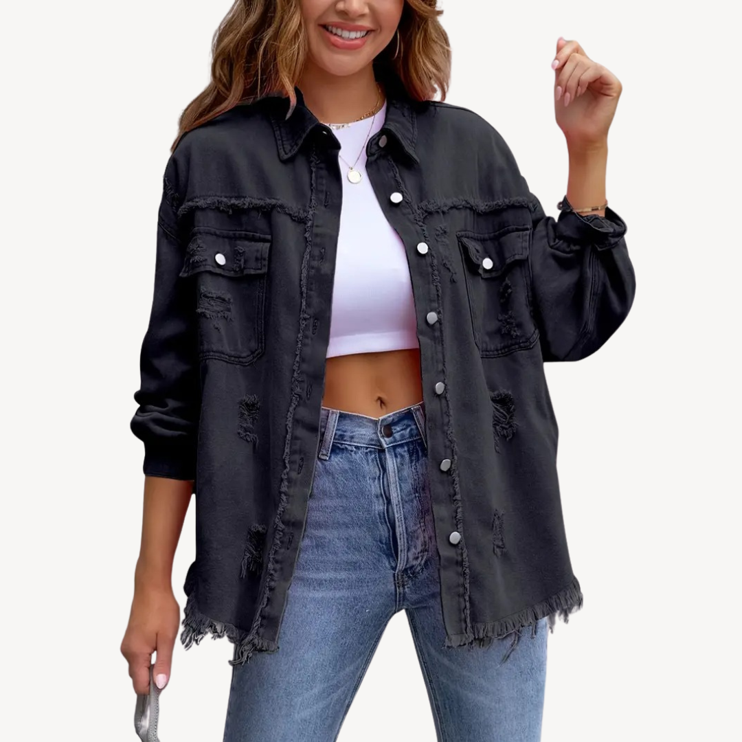 Heidi-Mode | Schwarze Distressed Denim Button-Up Jacke