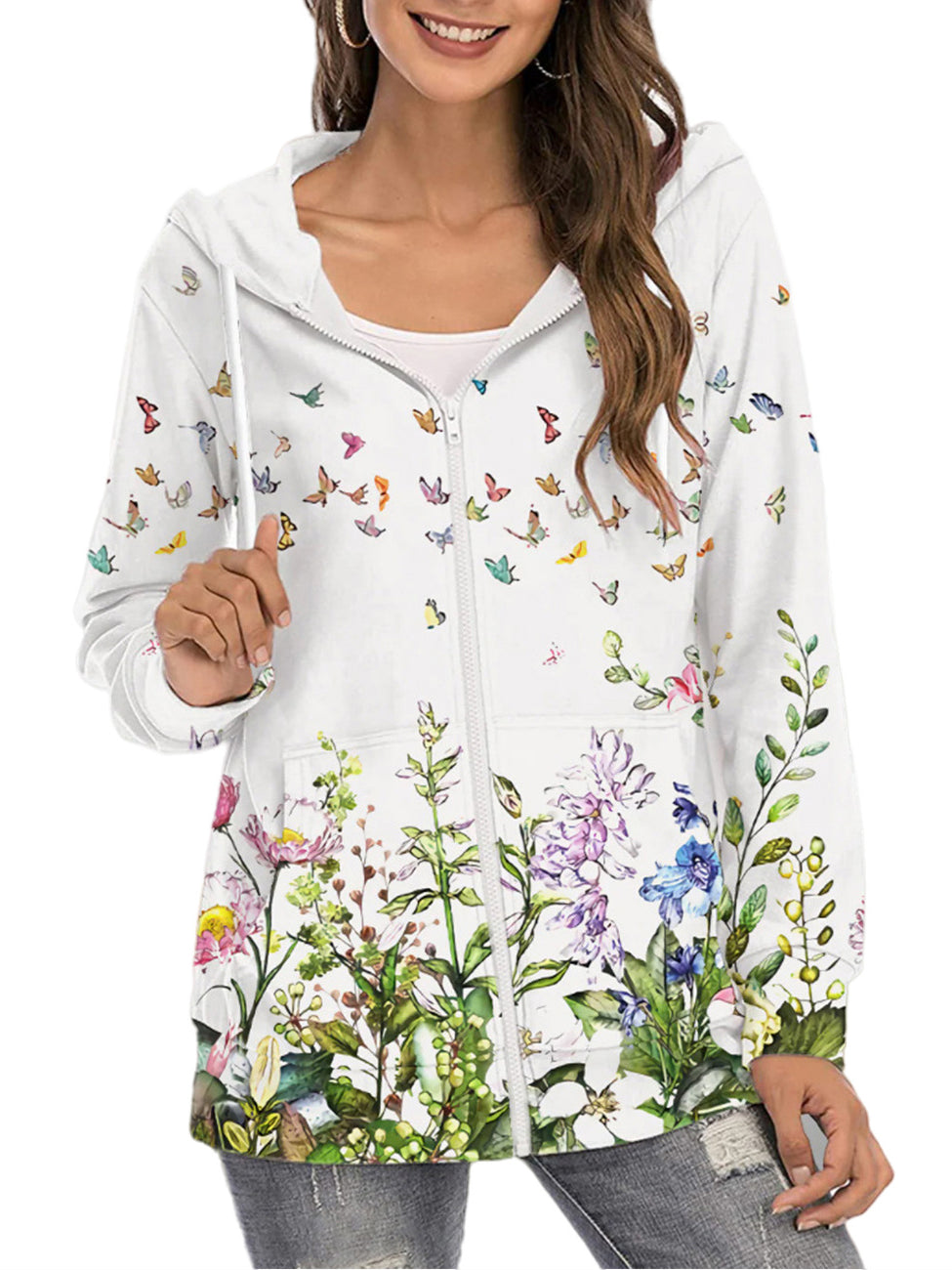 Heidi-Mode | Mode Floral Print Langarm Zip Auf Kapuzenpullover Sweatshirt
