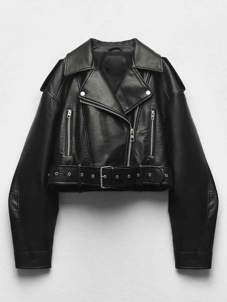 Heidi-Mode | Lederjacke Damen Kurz Biker Modell mit Gürtel und Reißverschlusdetails
