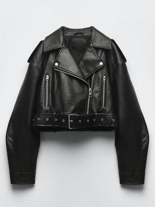 Heidi-Mode | Lederjacke Damen Kurz Biker Modell mit Gürtel und Reißverschlusdetails