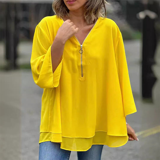 Heidi-Mode | Chiffon Reißverschluss Top mit V-Ausschnitt