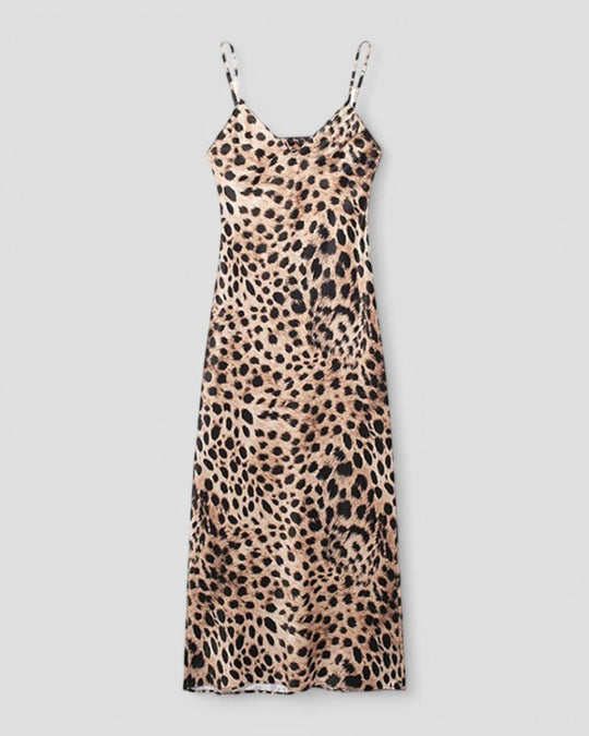 Heidi-Mode | Satin Slip Maxi Kleid Frauen Leopard Print mit Offenem Rücken