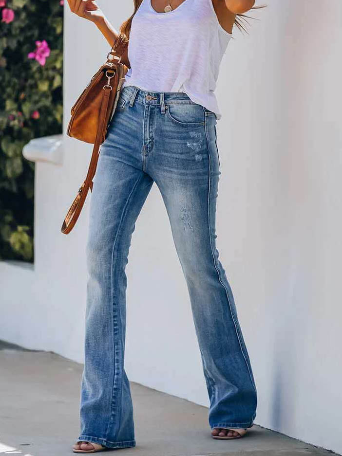 Heidi-Mode | Reißverschlussverschluss Breite Bein Lange Denim Jeans Hose