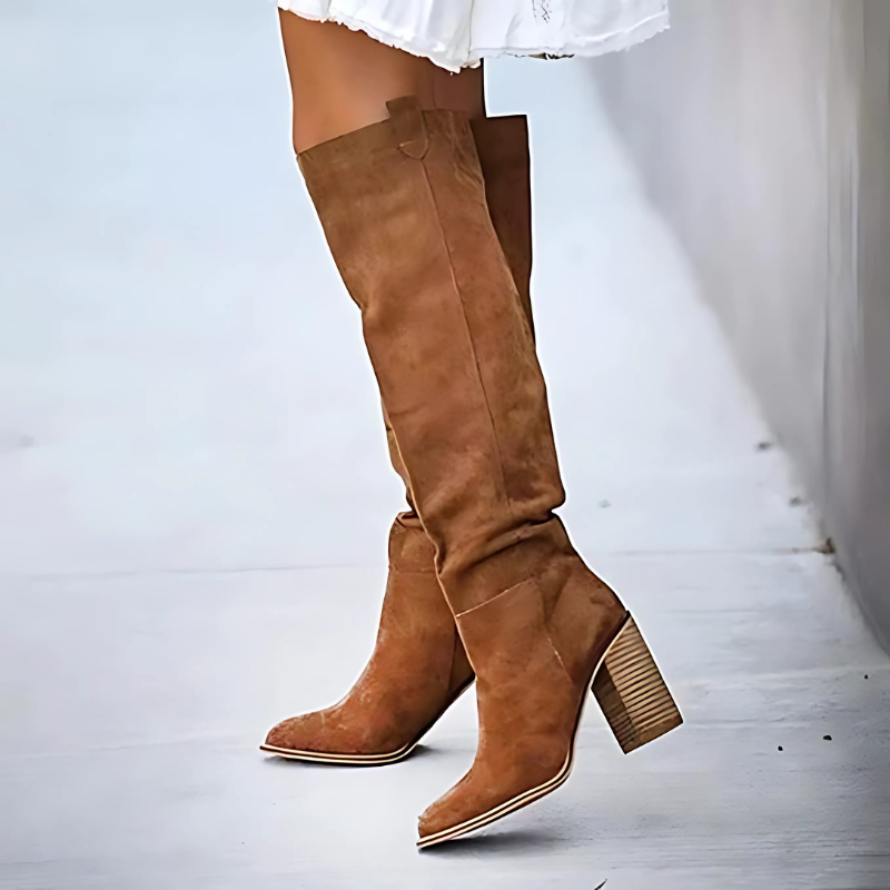 Heidi-Mode | Overknee Leder Cowboy Stiefel mit Wildleder-Look für Frauen