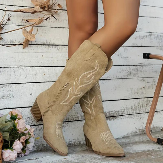 Heidi-Mode | Cowboy Stiefel Retro Chunky Heel Spitzstiefel mit Stylischem Seitenreißverschluss