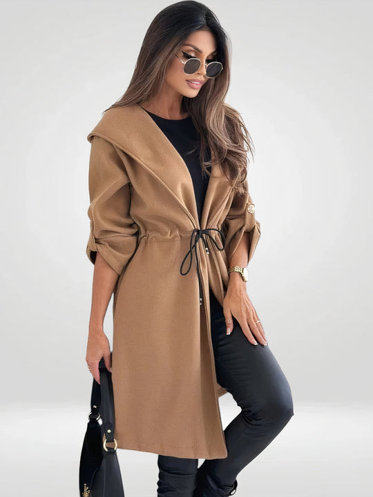 Heidi-Mode | Lange Damen Strickjacke mit Breiter Kapuze und Verstellbarem Gürtel