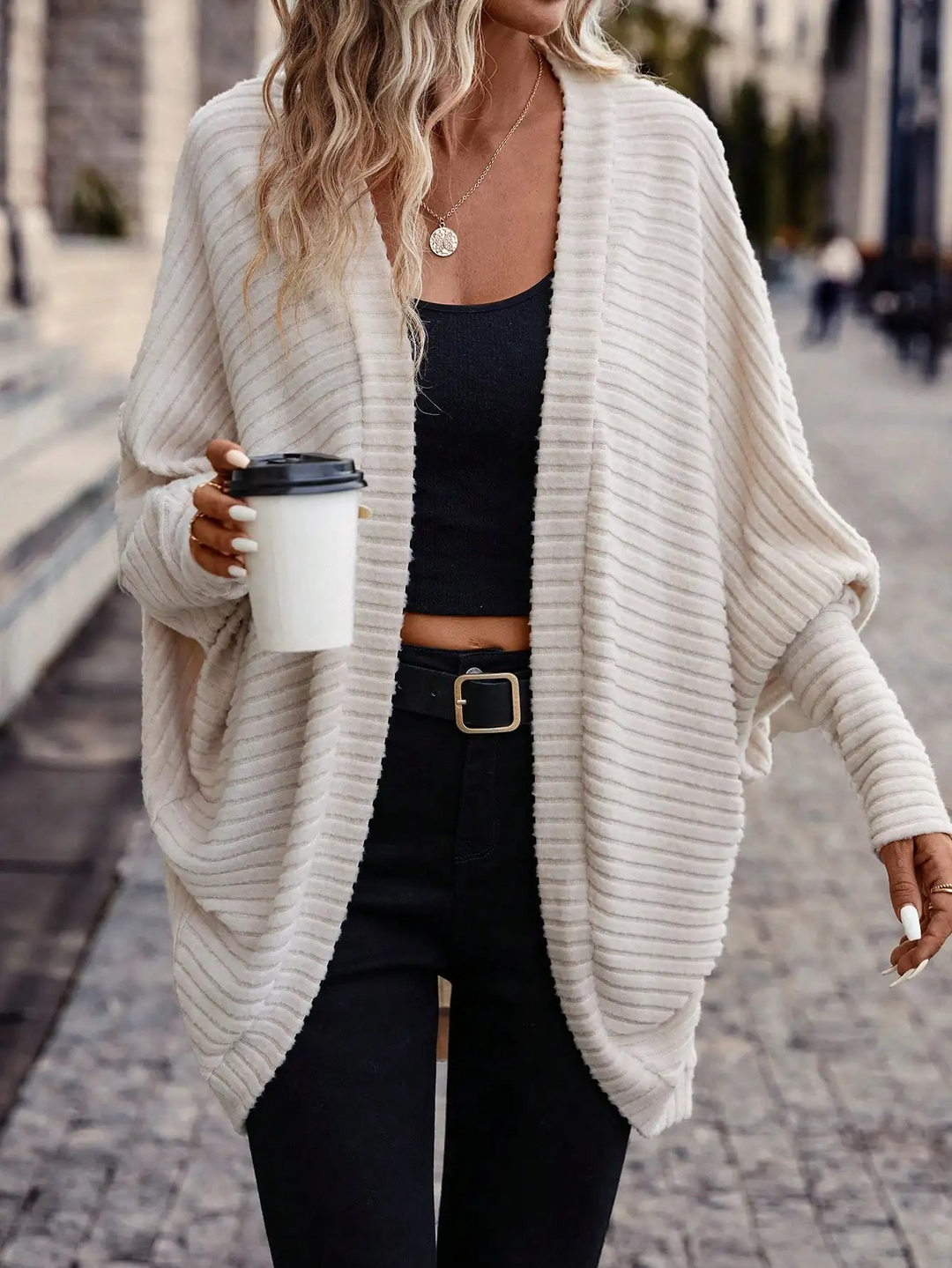 Heidi-Mode | Lange Westen Damen Rippstrickjacke mit Fledermausärmeln