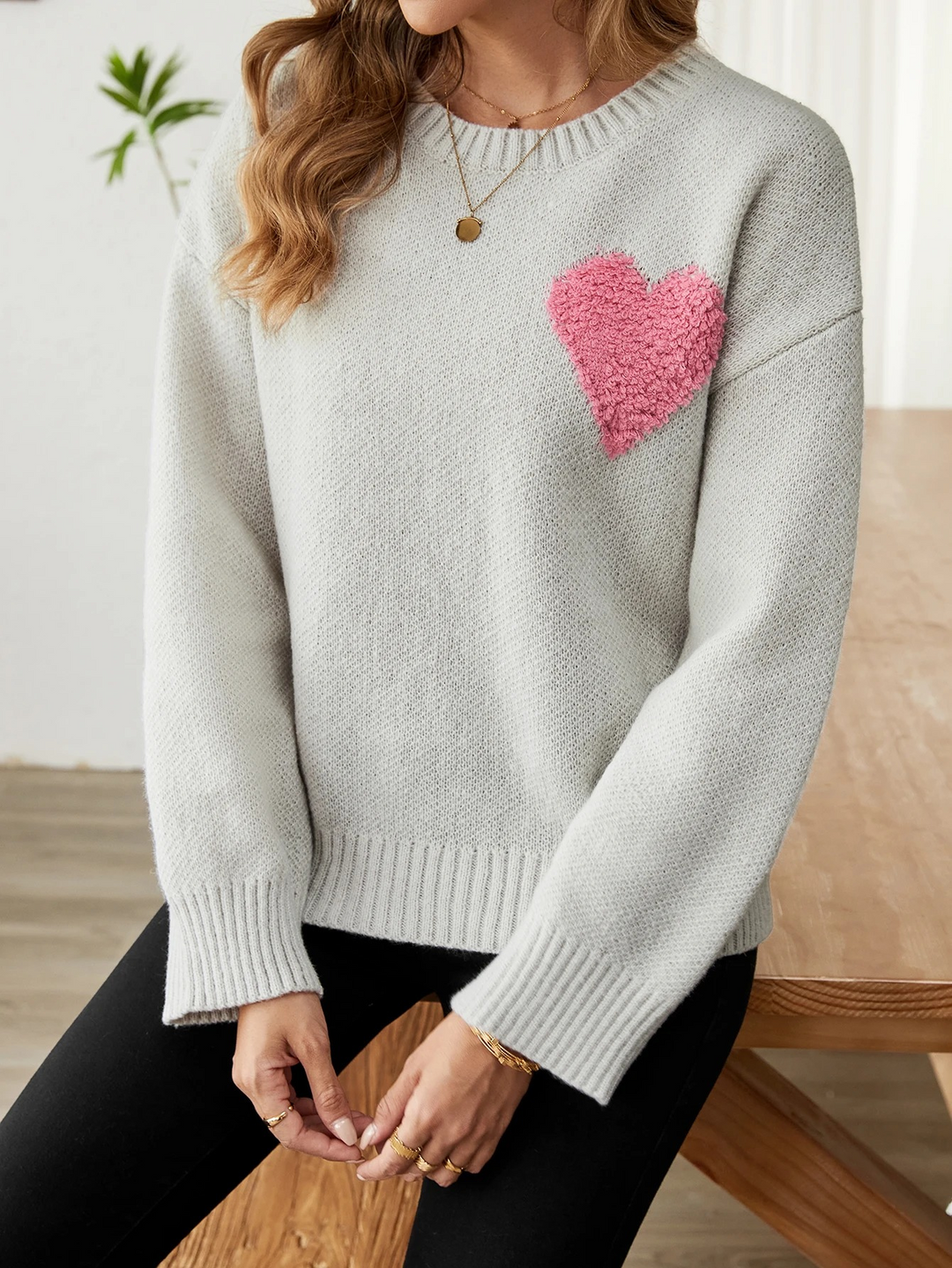 Heidi-Mode | Damen Warmer Grauer Pullover mit Herzdesign