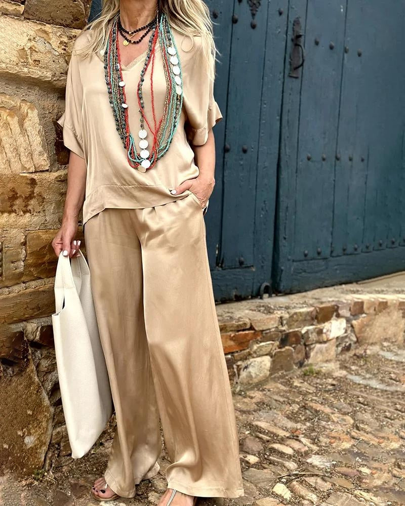 Heidi-Mode | Elegantes Weißes V-Ausschnitt Top & Weitbeinige Hose Set