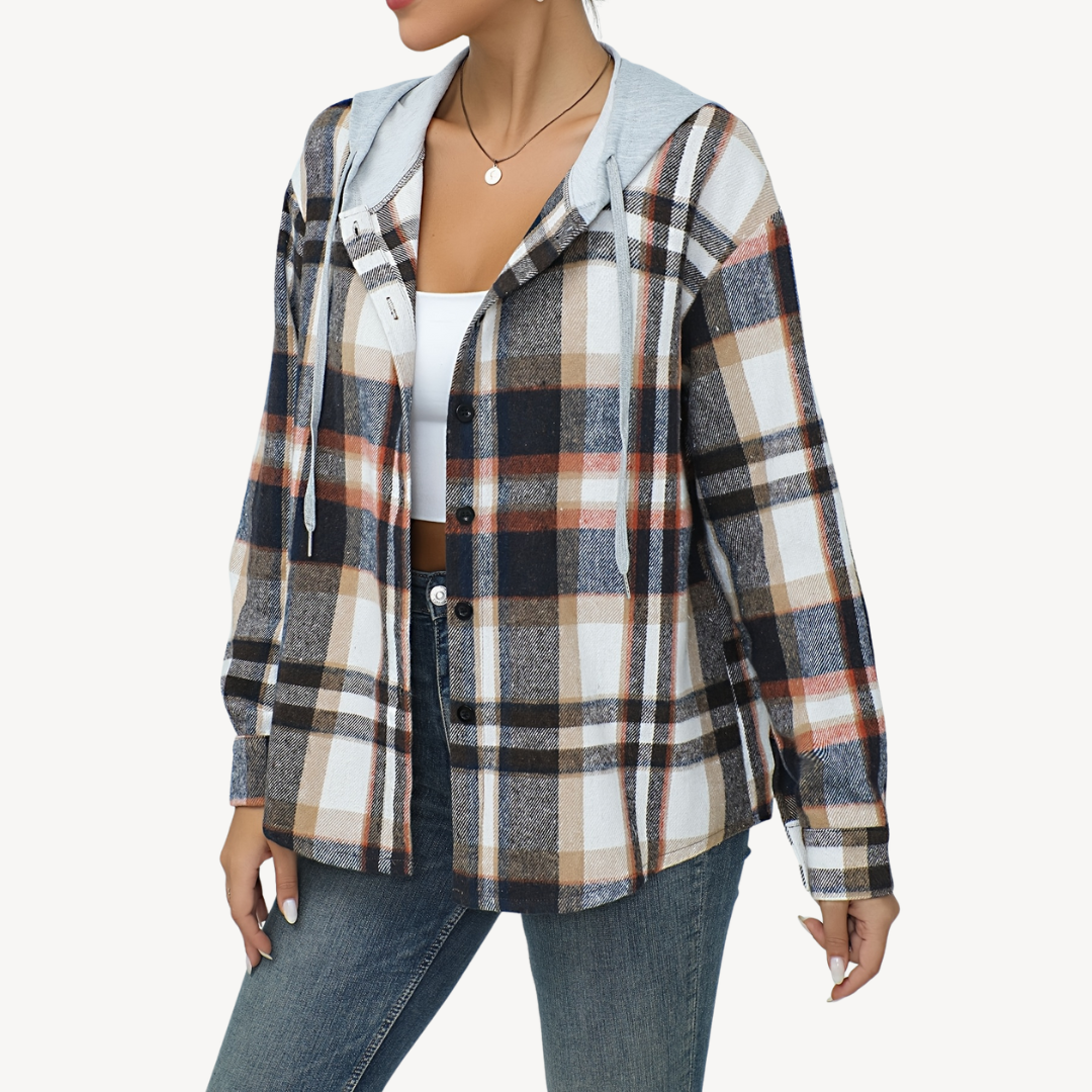 Heidi-Mode | Damen Karo Button-Down Shaket mit Kapuze