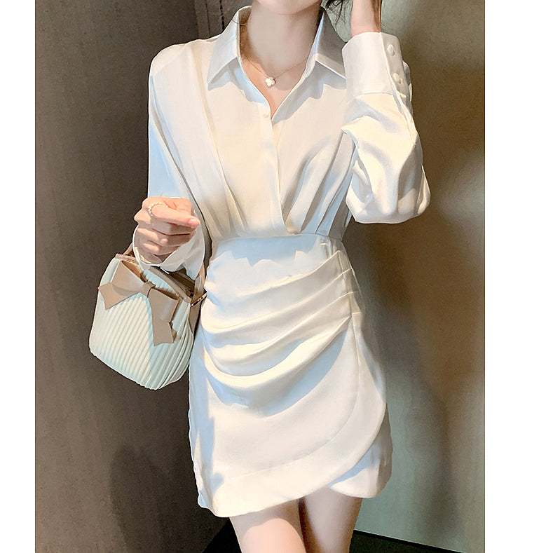 Heidi-Mode | Schlankes Fit Plissiertes Langarm V-Ausschnitt Hemdkleid