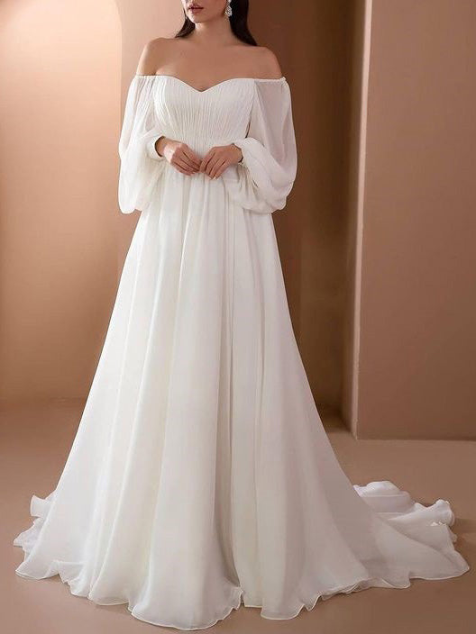 Heidi-Mode | Off Shoulder Langarm Weiß Brautkleid