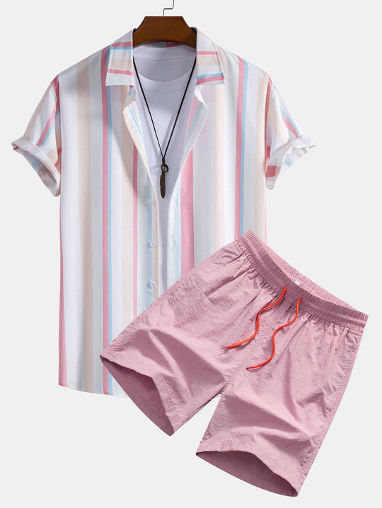 Striped Print Button Up Shirt & Swim Shorts