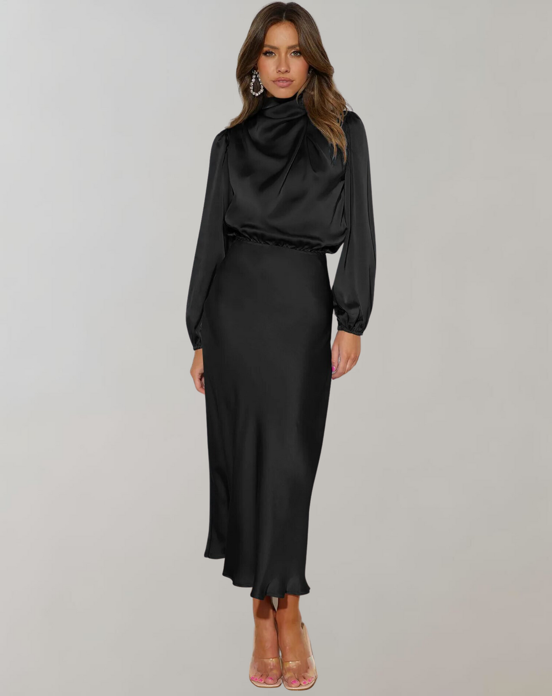 elegantes Satin-Abendkleid mit langen Ärmeln