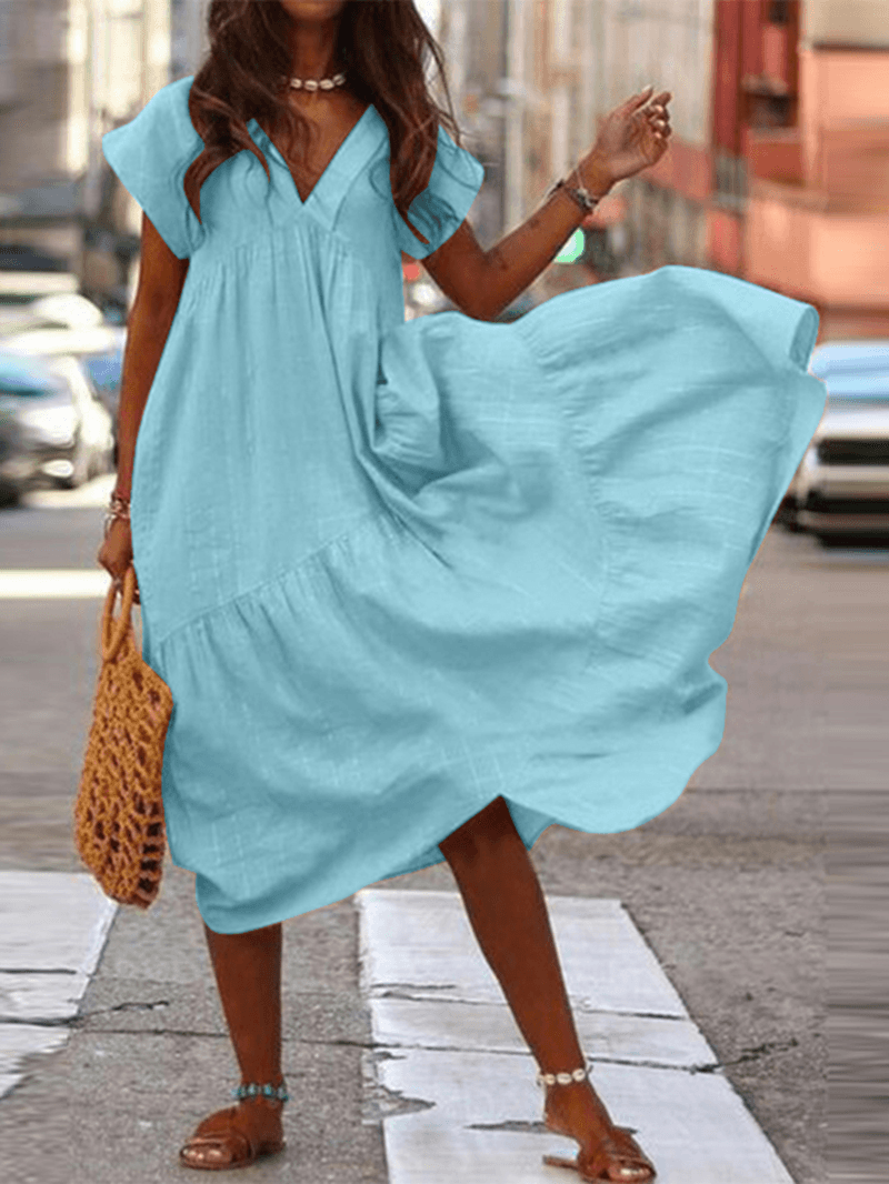 Unregelmäßiges langes Damenkleid mit V-Ausschnitt