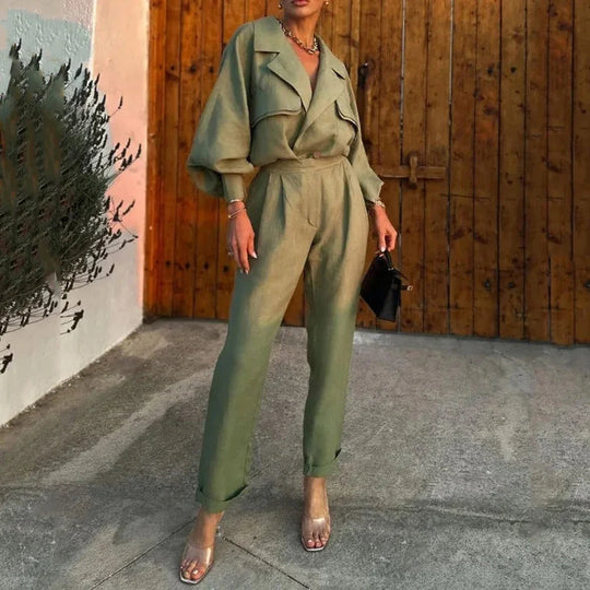 Heidi-Mode | Damen Blaue Jacke mit Langen Ärmeln und Langen Hosen, Modischer Revers