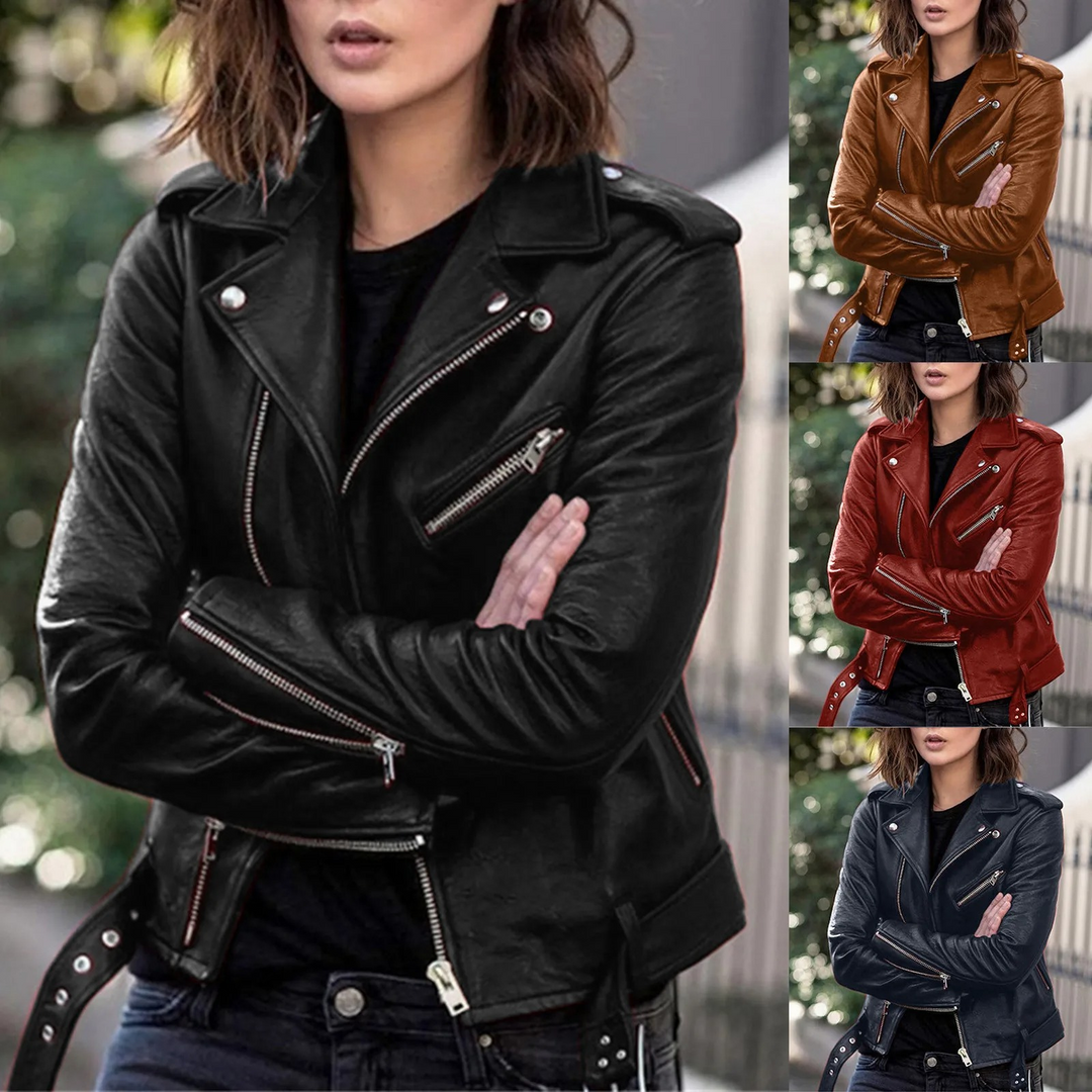 Heidi-Mode | Lederjacke Damen Biker Modell mit Gürtel und Reißverschlussdetails