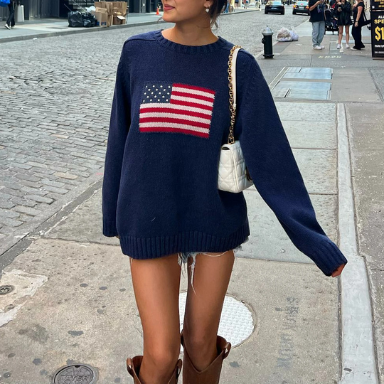 Heidi-Mode - Streetwear Herbst Strickpullover mit amerikanischer Flagge für Frauen