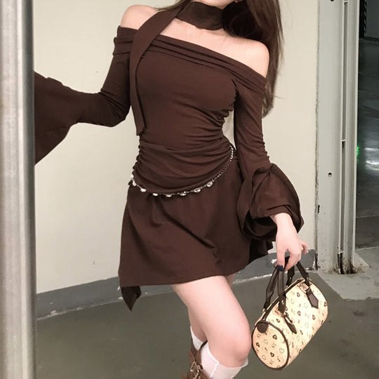 Heidi-Mode | Off Shoulder Trompetenärmel Einfarbig Hip Kleid