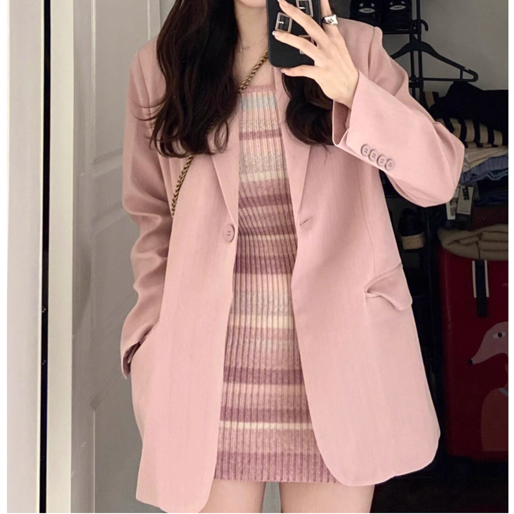 Heidi-Mode | Gestreiftes Strickkleid Mit Langen Ärmeln Pink Blazer Oberteil