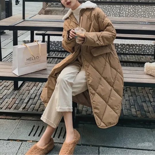 Heidi-Mode | Stylische Übergroße Steppjacke mit Pelzkragen und Knöpfen Ideal für Herbst/Winter