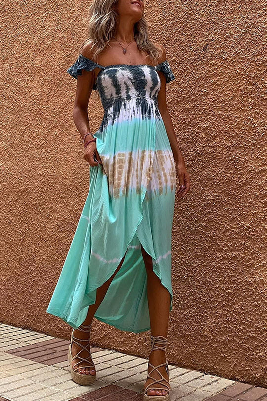 Heidi-Mode | Off In Paradise Batik Smocked Schlitz Maxi Kleid