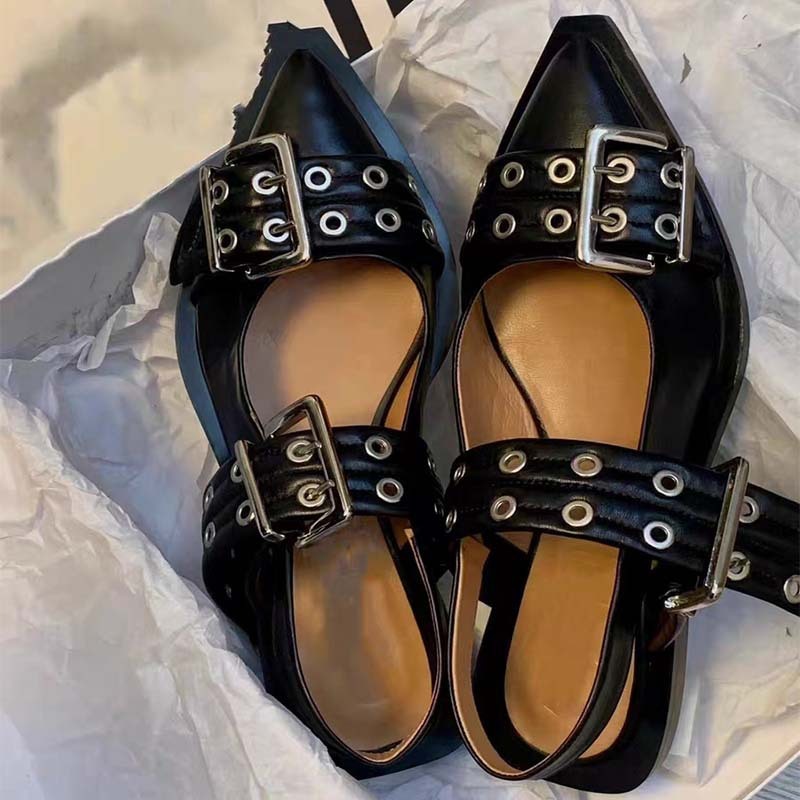 Heidi-Mode | Spitz Zehen Gürtel Schnalle Mules Leder Flach Sandalen