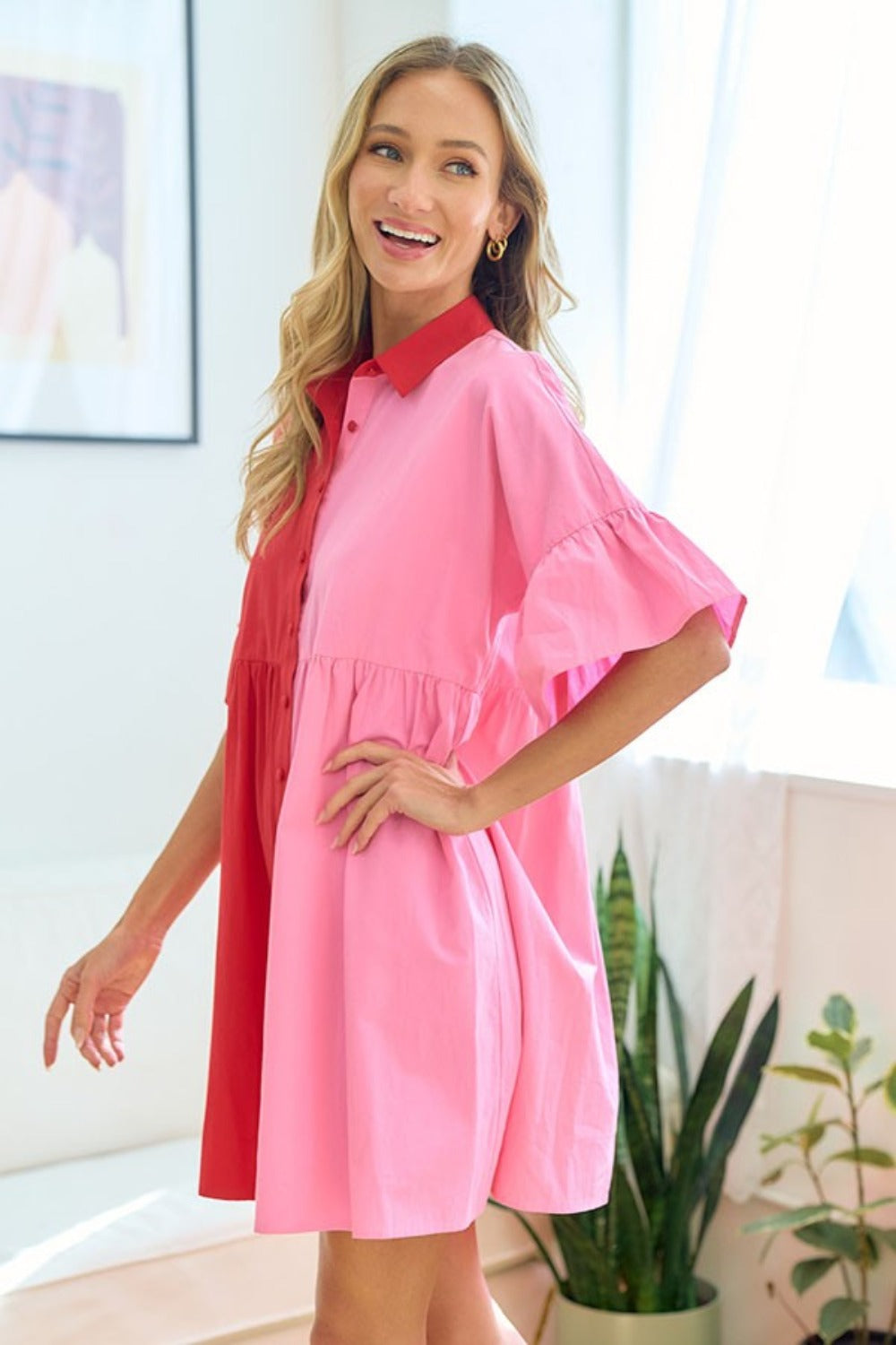 Heidi-Mode | First Love Vollgröße Farbig Blockiertes Knopfhemd Babydoll Kleid