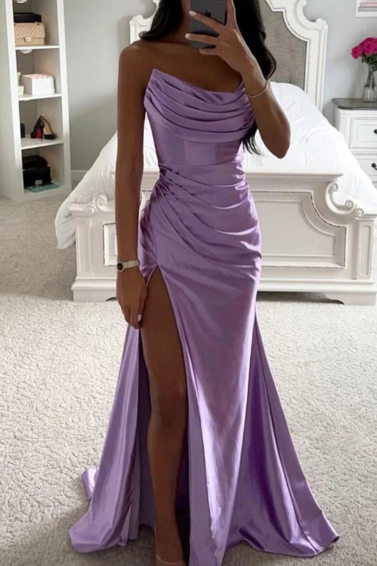 Heidi-Mode | Glänzendes Satin Off-Shoulder Falten Spalte Abend Maxi Kleid