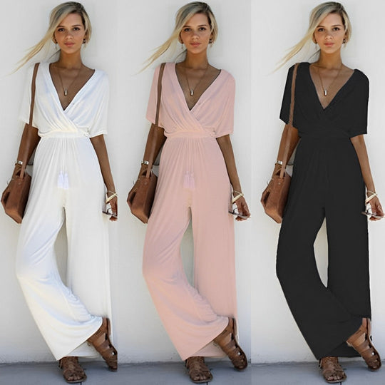 Stilvoller V-Ausschnitt Jumpsuit mit weitem Bein