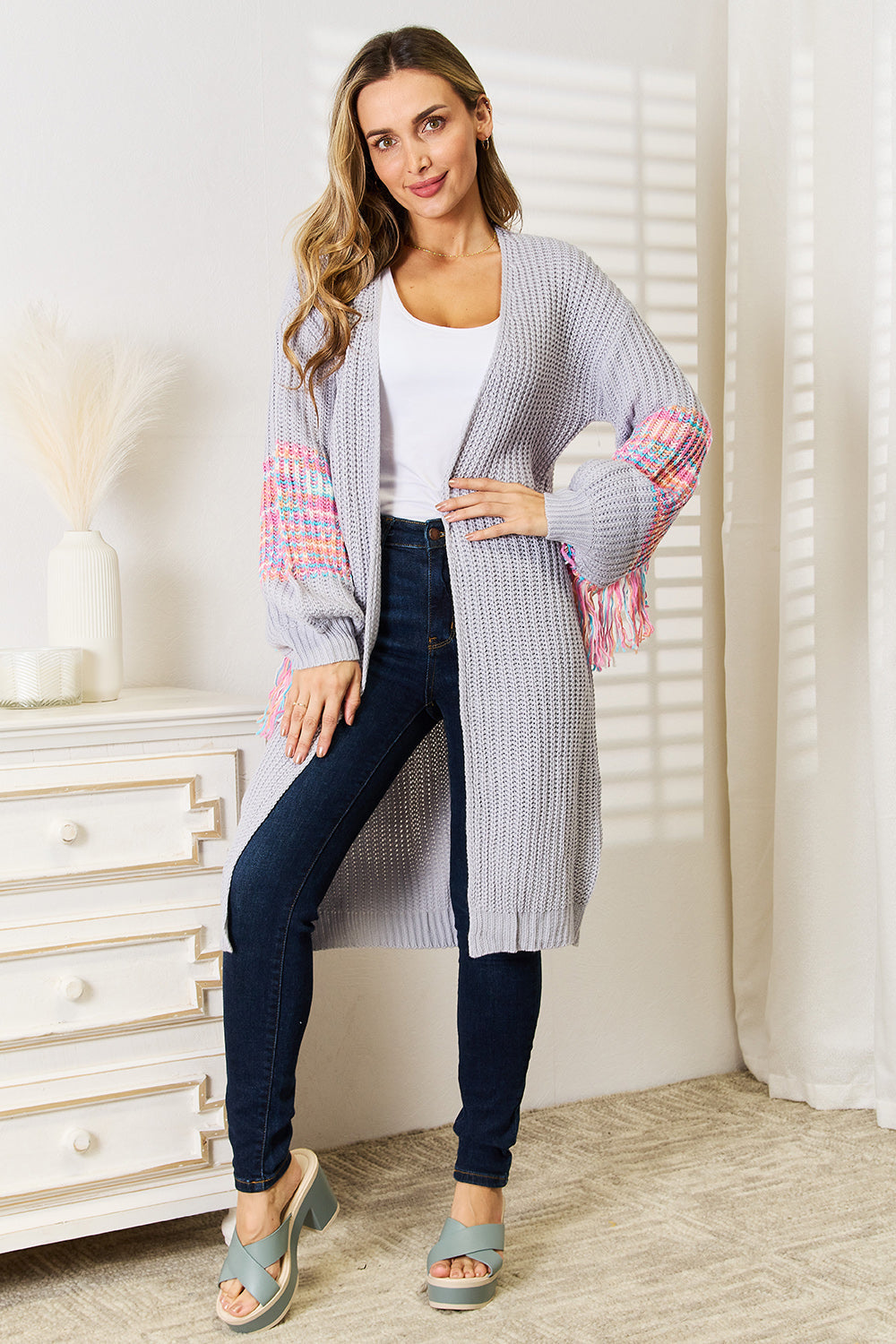 Heidi-Mode | Gewebte Rechte Fransen Ärmel Fallende Schulter Strickpullover