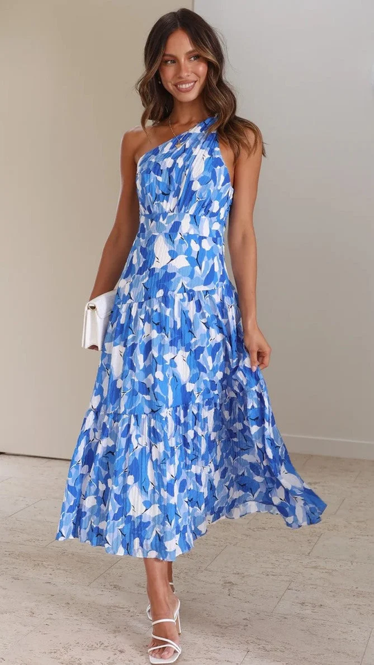 Vestido Midi Floral De Un Hombro Azul