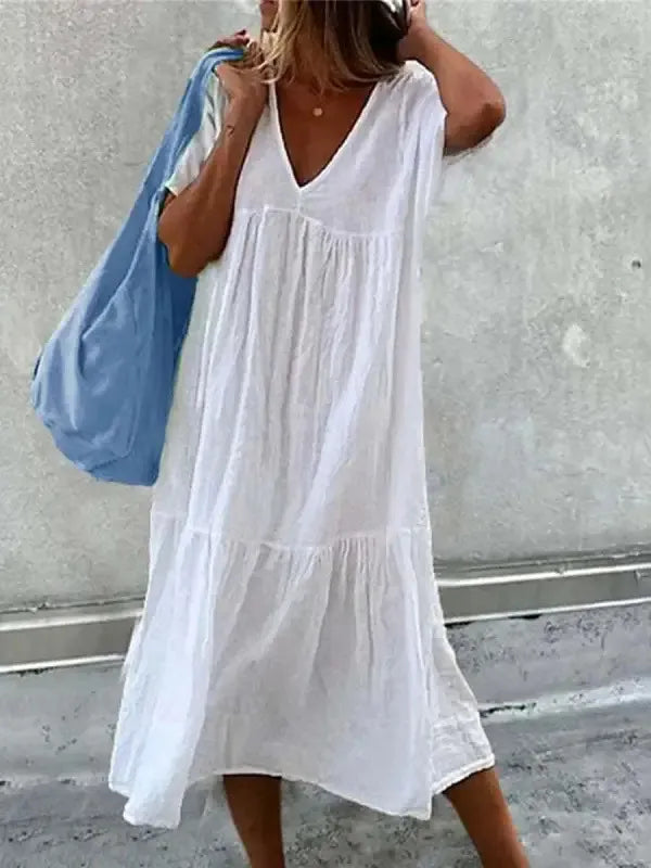 Heidi-Mode | Boho-Strandkleid für Frauen Sommerkleid mit V-Ausschnitt und Kurzen Ärmeln mit Floralem Muster